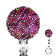 Peacock Feathers Coloured Plumage Pink Red Stainless Steel Nurses Watch