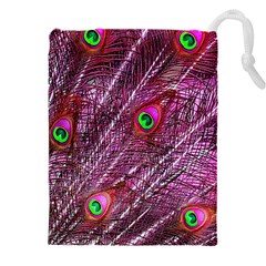 Peacock Feathers Coloured Plumage Pink Red Drawstring Pouch (4xl) by Perong