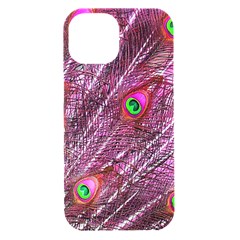 Peacock Feathers Coloured Plumage Pink Red Iphone 15 Black Uv Print Pc Hardshell Case by Perong