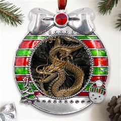 Fantasy Dragon Pentagram Metal X mas Ribbon With Red Crystal Round Ornament