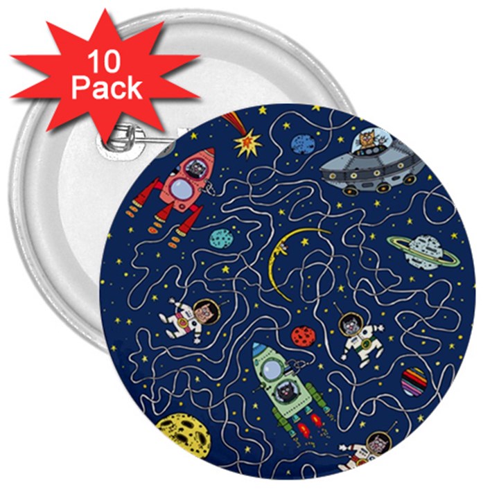 Cat Space Astronaut Rocket Maze 3  Buttons (10 pack) 