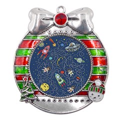 Cat Space Astronaut Rocket Maze Metal X mas Ribbon With Red Crystal Round Ornament