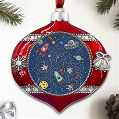 Cat Space Astronaut Rocket Maze Metal Snowflake And Bell Red Ornament