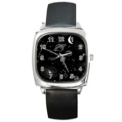 Black Space Drawing Art Planet Drawing Stars Black Space Galaxy Outer Space Square Metal Watch by Perong