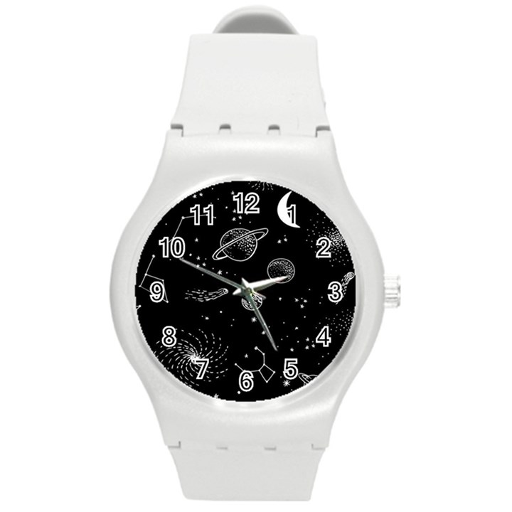 Black Space Drawing Art Planet Drawing Stars Black Space Galaxy Outer Space Round Plastic Sport Watch (M)