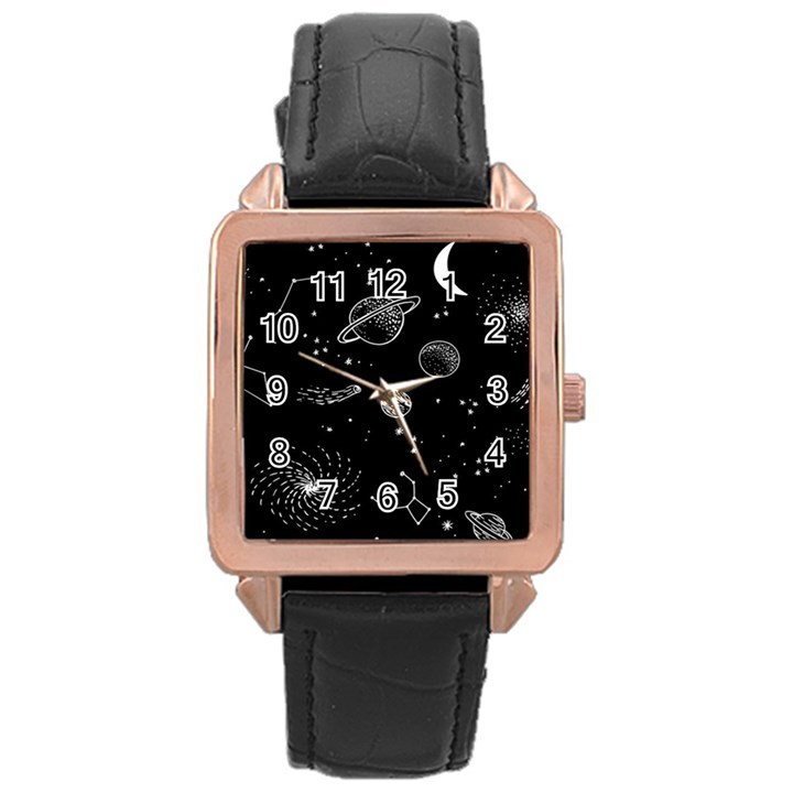 Black Space Drawing Art Planet Drawing Stars Black Space Galaxy Outer Space Rose Gold Leather Watch 