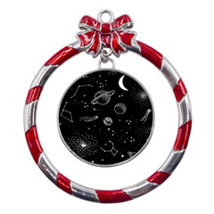 Black Space Drawing Art Planet Drawing Stars Black Space Galaxy Outer Space Metal Red Ribbon Round Ornament by Perong