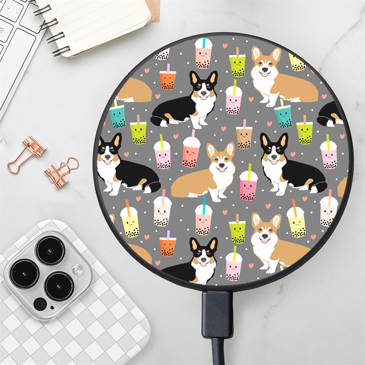 Corgi Boba Tea Bubble Tea Kawaii Food Welsh Corgis Dog Wireless Fast Charger(Black)