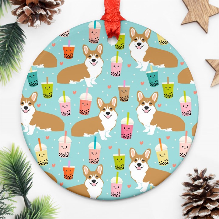 Corgi Boba Tea Bubble Tea Kawaii Food Welsh Corgis Dog Pattern Ornament (Round)