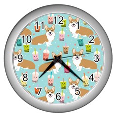 Corgi Boba Tea Bubble Tea Kawaii Food Welsh Corgis Dog Pattern Wall Clock (silver) by Perong