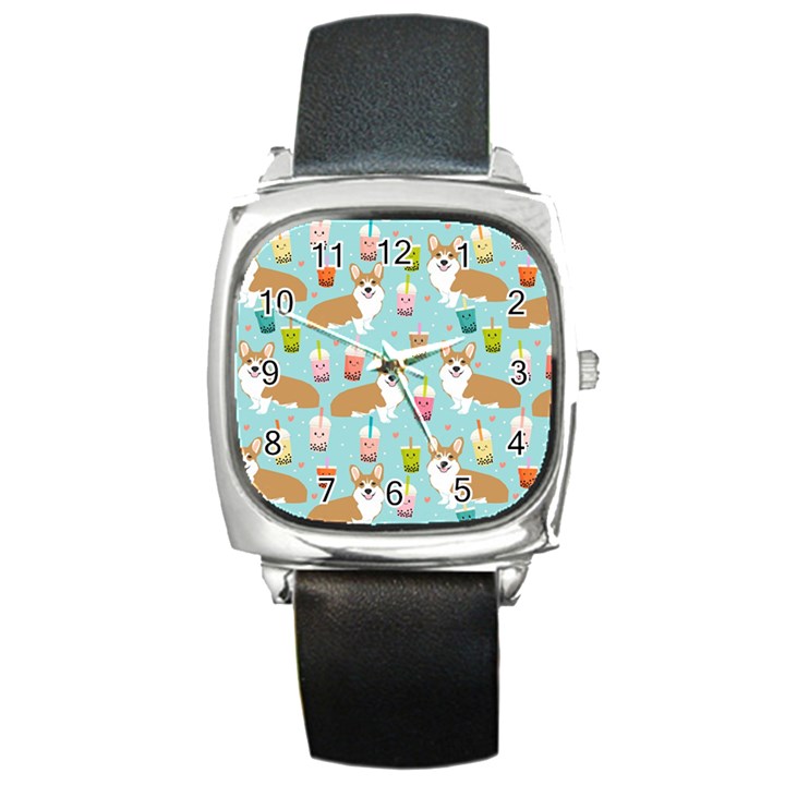 Corgi Boba Tea Bubble Tea Kawaii Food Welsh Corgis Dog Pattern Square Metal Watch