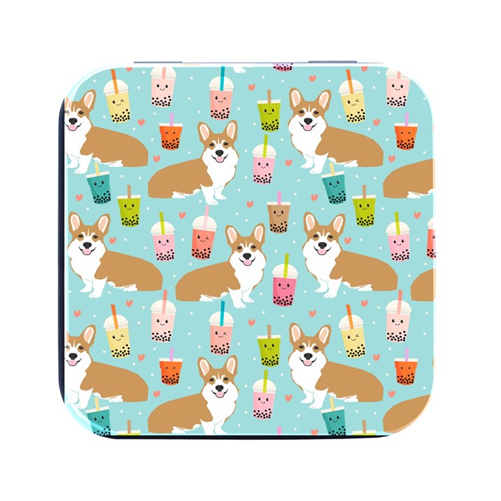 Corgi Boba Tea Bubble Tea Kawaii Food Welsh Corgis Dog Pattern Square Metal Box (Black)