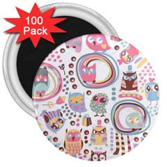 Cute Owl Bird Animal Pattern 3  Magnets (100 Pack) by Perong