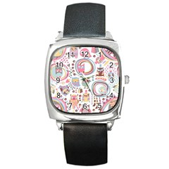 Cute Owl Bird Animal Pattern Square Metal Watch by Perong