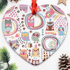 Cute Owl Bird Animal Pattern Heart Ornament (two Sides)