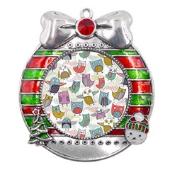 Owl Animal Bird Pattern Metal X mas Ribbon With Red Crystal Round Ornament