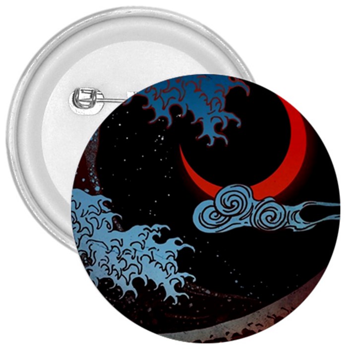 Night In The Ocean Red Waves Art Moon Dark Japanese Wave 3  Buttons