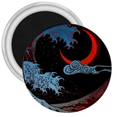 Night In The Ocean Red Waves Art Moon Dark Japanese Wave 3  Magnets