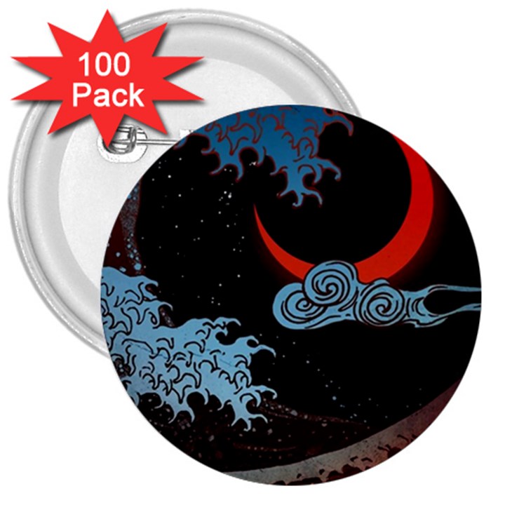 Night In The Ocean Red Waves Art Moon Dark Japanese Wave 3  Buttons (100 pack) 