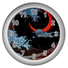 Night In The Ocean Red Waves Art Moon Dark Japanese Wave Wall Clock (silver) by Perong