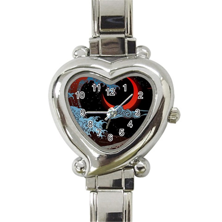 Night In The Ocean Red Waves Art Moon Dark Japanese Wave Heart Italian Charm Watch