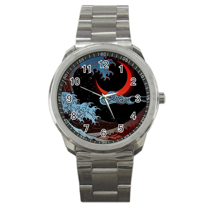 Night In The Ocean Red Waves Art Moon Dark Japanese Wave Sport Metal Watch