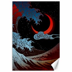 Night In The Ocean Red Waves Art Moon Dark Japanese Wave Canvas 12  X 18  by Perong