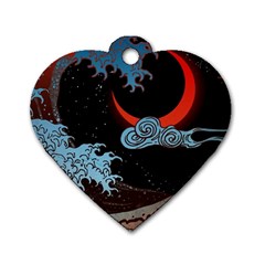 Night In The Ocean Red Waves Art Moon Dark Japanese Wave Dog Tag Heart (Two Sides)