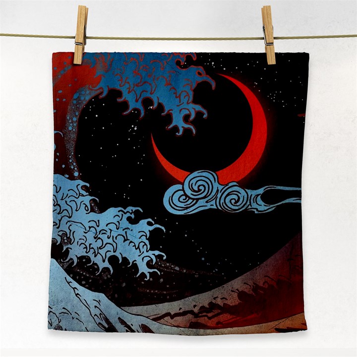 Night In The Ocean Red Waves Art Moon Dark Japanese Wave Face Towel