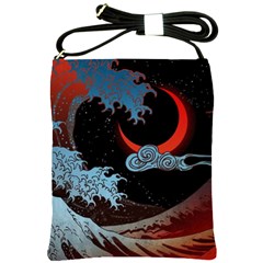 Night In The Ocean Red Waves Art Moon Dark Japanese Wave Shoulder Sling Bag by Perong