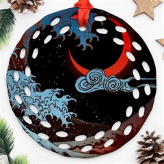 Night In The Ocean Red Waves Art Moon Dark Japanese Wave Round Filigree Ornament (two Sides)