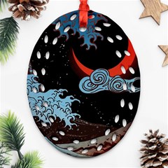 Night In The Ocean Red Waves Art Moon Dark Japanese Wave Oval Filigree Ornament (two Sides)