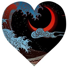 Night In The Ocean Red Waves Art Moon Dark Japanese Wave Wooden Puzzle Heart