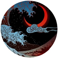 Night In The Ocean Red Waves Art Moon Dark Japanese Wave Wooden Puzzle Round