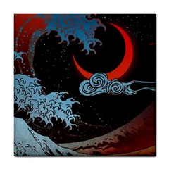 Night In The Ocean Red Waves Art Moon Dark Japanese Wave Tile Coaster by Perong