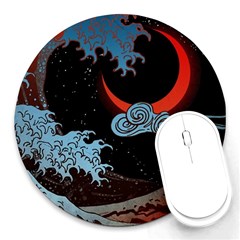 Night In The Ocean Red Waves Art Moon Dark Japanese Wave Round Mousepad by Perong