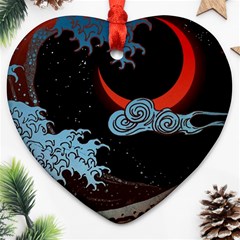 Night In The Ocean Red Waves Art Moon Dark Japanese Wave Ornament (heart)