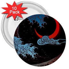 Night In The Ocean Red Waves Art Moon Dark Japanese Wave 3  Buttons (10 Pack)  by Perong