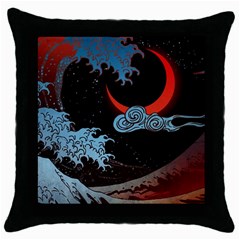 Night In The Ocean Red Waves Art Moon Dark Japanese Wave Throw Pillow Case (black) by Perong