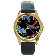 Night In The Ocean Red Waves Art Moon Dark Japanese Wave Round Gold Metal Watch by Perong