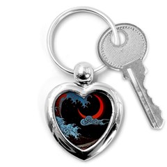 Night In The Ocean Red Waves Art Moon Dark Japanese Wave Key Chain (heart) by Perong