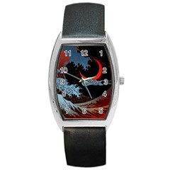 Night In The Ocean Red Waves Art Moon Dark Japanese Wave Barrel Style Metal Watch by Perong