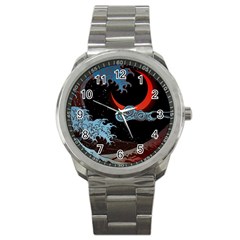 Night In The Ocean Red Waves Art Moon Dark Japanese Wave Sport Metal Watch by Perong