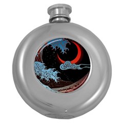 Night In The Ocean Red Waves Art Moon Dark Japanese Wave Round Hip Flask (5 Oz) by Perong