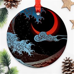 Night In The Ocean Red Waves Art Moon Dark Japanese Wave Round Ornament (two Sides)