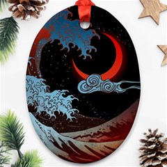 Night In The Ocean Red Waves Art Moon Dark Japanese Wave Oval Ornament (two Sides)