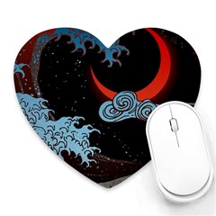 Night In The Ocean Red Waves Art Moon Dark Japanese Wave Heart Mousepad by Perong