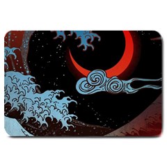 Night In The Ocean Red Waves Art Moon Dark Japanese Wave Large Doormat by Perong