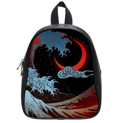 Night In The Ocean Red Waves Art Moon Dark Japanese Wave School Bag (small) by Perong