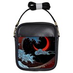 Night In The Ocean Red Waves Art Moon Dark Japanese Wave Girls Sling Bag Front